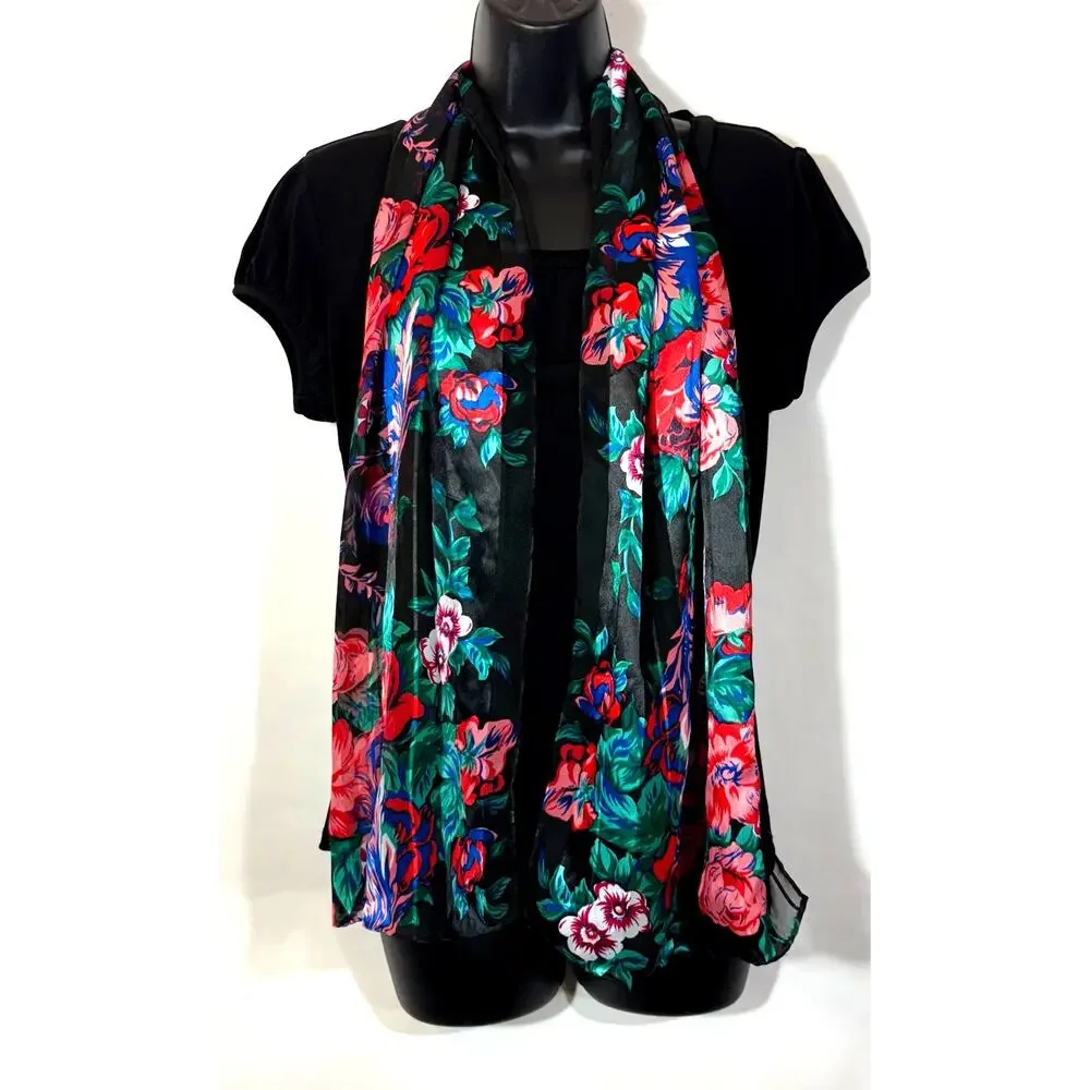 Black and Bright Floral Scarf Rectangle Striped Bow Retro Vintage 58